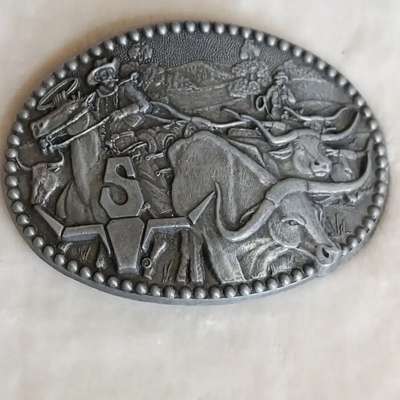 Vintage Silver Pewter Western Cattle Drive Belt Buckle Zee Series - Picture 1 of 7